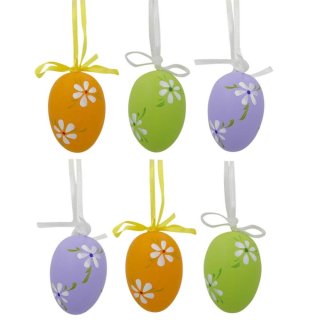 5.7cm Set of 6 Green Purple Orange Flowers Plastic Easter Egg Ornaments