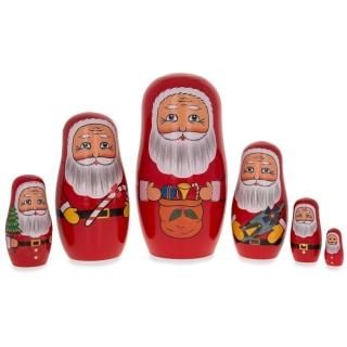 14cm Set of 6 Santa Claus with Christmas Gifts Wooden Nesting Dolls