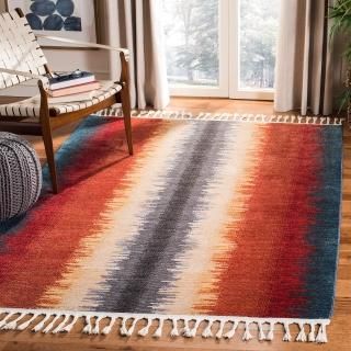 SAFAVIEH Farmhouse Collection 3' x 5' Navy / Orange FMH824N Boho Stripe Tassel A