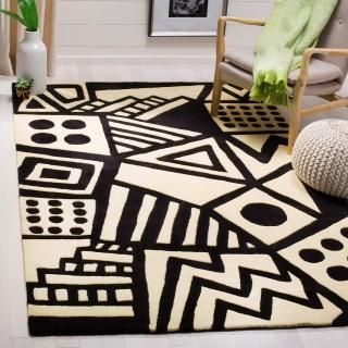 SAFAVIEH Fifth Avenue Collection 4' x 6' Ivory / Black FTV124A Handmade Mid-Cent