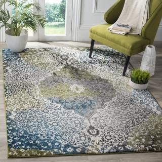 SAFAVIEH Watercolor Collection 4' x 6' Ivory / Peacock Blue WTC672B Boho Chic Me