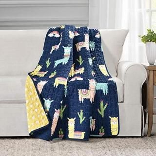 Make A Wish Southwest Llama Cactus Yellow & Navy Reversible Throw Blanket 50 x 6