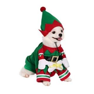Filhome Dog Cat Christmas Elf Costume with Hat Pet Christmas Winter Fleece Coat 