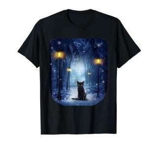 Black Cat in Snowy Forest T-Shirt Cats Tee Shirt Gifts