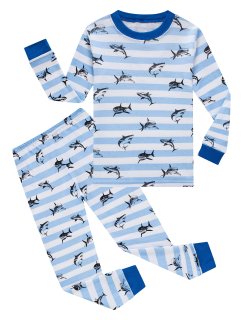 shark Big Boys Long Sleeve Pajamas Sets 100% Cotton Pyjamas Kids Pjs Size 8 Blue