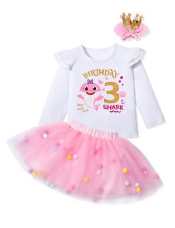 ADIRUN Baby Shark Birthday Outfit 3T Toddler Girl Clothes Ruffled Baby Shark Lon