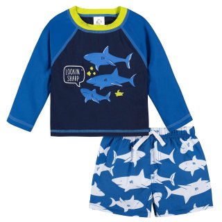 Gerber Boys' Toddler Long Sleeved Rashguard Swim Bathing Suit Set Blue and White