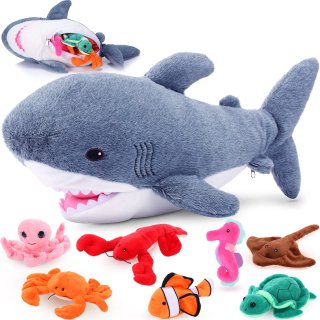 18 Inch Plush Great White Shark with 7 Pcs of Soft Stuffed Sea Animals Include M