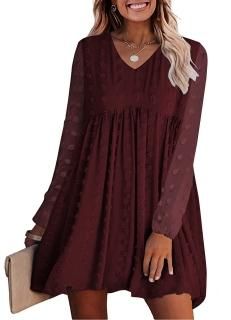 KIRUNDO Fall 2022 Women's Dresses Long Sleeve V Neck Short Flowy Casual Swiss Do