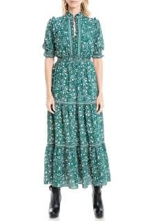 Max Studio Women's Elbow Length Sleeve Print Tiered Maxi Dress Spruce/Ivory Larg
