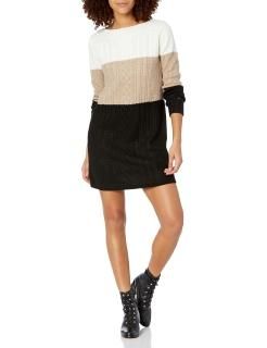 Tommy Hilfiger Women's Sweater Dress Light Fawn Heather/Black/Ivory Large