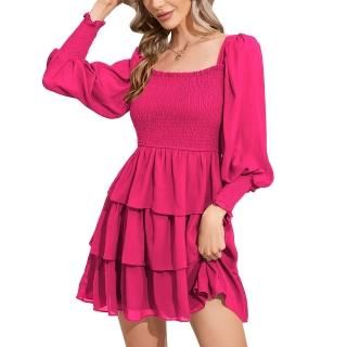 Byinns Women's Square Neck Ruffle Dress Long Sleeve Floral Print Tiered Tie Back