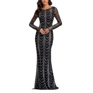 MOOSSIS Women Sequin Fishtail Dress Boat Neck Long Sleeves Maxi Bodycon One Piec