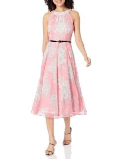 Tommy Hilfiger Women's Floral Belted Halter Dress Bubblegum/Ivory 12
