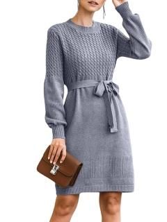 Dyexces Sweater Dress for Women Crewneck Tunic Cable Knitted Dress Lantern Sleev