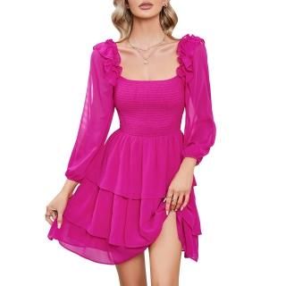 Byinns Women's Smocked Ruffle Mini Dress Square Neck Long Sleeve Party Dress Cut
