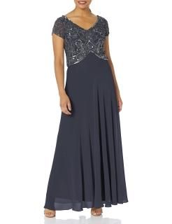 J Kara Women's Petite Cap V-Neck Beaded Dress Gray 10P