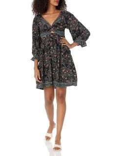 Angie Women's Long Sleeve Twist Front Keyhole Tiered Skirt Dress Black Large