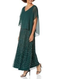 J Kara Women's Petite Caplet V-Neck Mock 2 Piece Beaded Dress Hunter Multi 8P