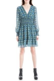 Max Studio Women's Long Sleeve Tiered Short Dress Spruce Fold Flower Grid Panel 