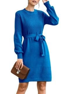 Dyexces Sweater Dress for Women Crewneck Tunic Cable Knitted Dress Lantern Sleev