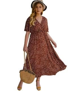 Floerns Women's Plus Size Boho Floral V Neck Short Sleeve A Line Long Dress Rust