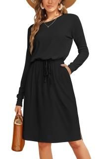 Womens Ladies Fall Knit Cotton Long Sleeve Hide Belly Midi Casual Dress Black L