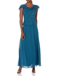 J Kara Women's Beaded Cowl Neck Flutter Sleeve Long Dress Teal Multi 18
