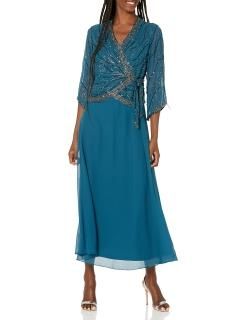 J Kara Women's Plus Size Long 3/4 Sleeve V-Neck Beaded Faux Wrap Dress Teal Mult