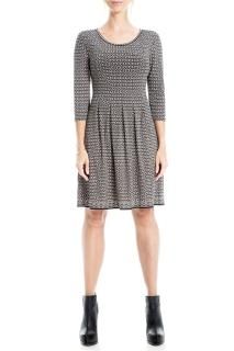 Max Studio Women's 3/4 Sleeve Fit and Flare Dress Black/Clay Mod Deco Daisy Extr