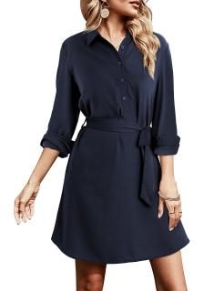 Amoretu Women's Button Up Collar Shirt Dress Long Sleeve Tunic Dresses Navy L