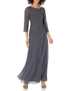 J Kara womens 3/4 Sleeve Long Beaded Floral Design Special Occasion Dress Grey/M