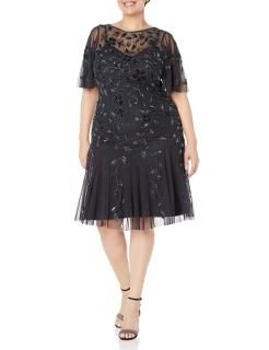 Adrianna Papell Women's Plus Size Elegant Beaded Midi Dress Twilight 18