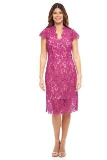 Rene Ruiz Collection V-Neck Guipure Lace Cocktail Dress Dark Fuschia