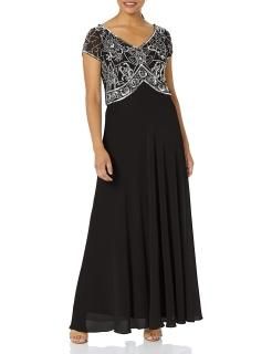 J Kara Women's Plus Size Cap V-Neck Beaded Dress Black 20W