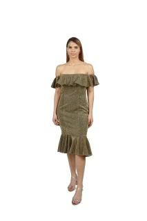 Rene Ruiz Collection Off The Shoulder Cocktail Dress in Gold