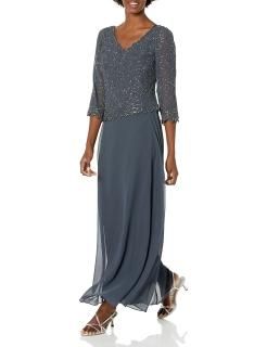 J Kara Women's Petite V-Neck with 3/4 Sleeve Long Dress Grey Multi 14P