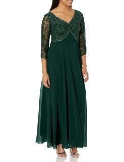 J Kara Women's 3/4 Sleeve V-Neck Beaded Top Long Gown Hunter/Mercury 12