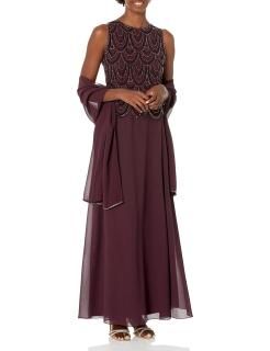 J Kara Women's Sleeveless Beaded Pop Over Long Dress with Scarf Wine Multi 12