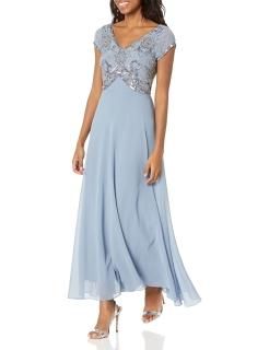 J Kara womens Petite Cap Sleeve V-neck Beaded Top Gown Special Occasion Dress Du