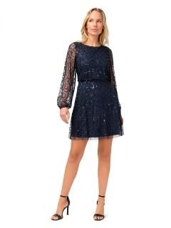 Adrianna Papell Women's Beaded Short Dress with Sleeve Navy 12