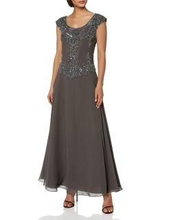 J Kara Women's Plus Size Cap Sleeve Long Beaded Dress Gray 14W