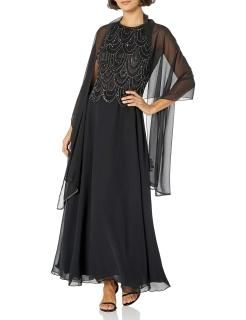 J Kara Women's Petite Sleeveless Beaded Pop Over Dress with Scarf Black 14P