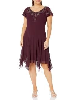 J Kara womens Plus Size Flutter Sleeve Hanky Hem Short Cocktail Beaded Special O