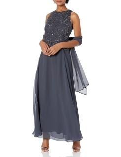 J Kara Women's Sleeveless Scallop Design Beaded Gown with Scarf Grey/Gun/Mercury