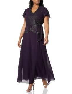 J Kara womens Plus Size Faux Wrap Long W/Flutter Sleeve Special Occasion Dress P