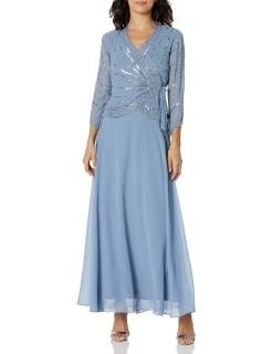 J Kara womens Petite Long 3/4 Sleeve V-neck Beaded Faux Wrap Special Occasion Dr