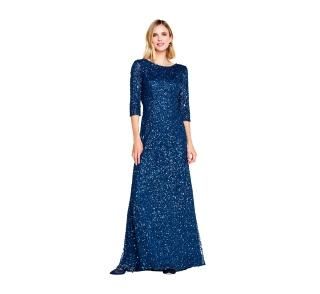 Adrianna Papell Women's 3/4 Sleeve Scoop Back Beaded Gown Deep Blue 8