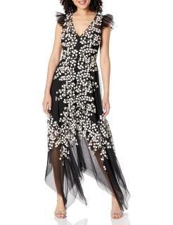BCBGMAXAZRIA Women's Fit and Flare Evening Gown with Flutter Sleeve and Ruffles 