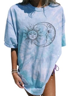 Remidoo Women's Short Sleeve Sun and Moon Print Tie Dye T Shirt Top Casual Tees 